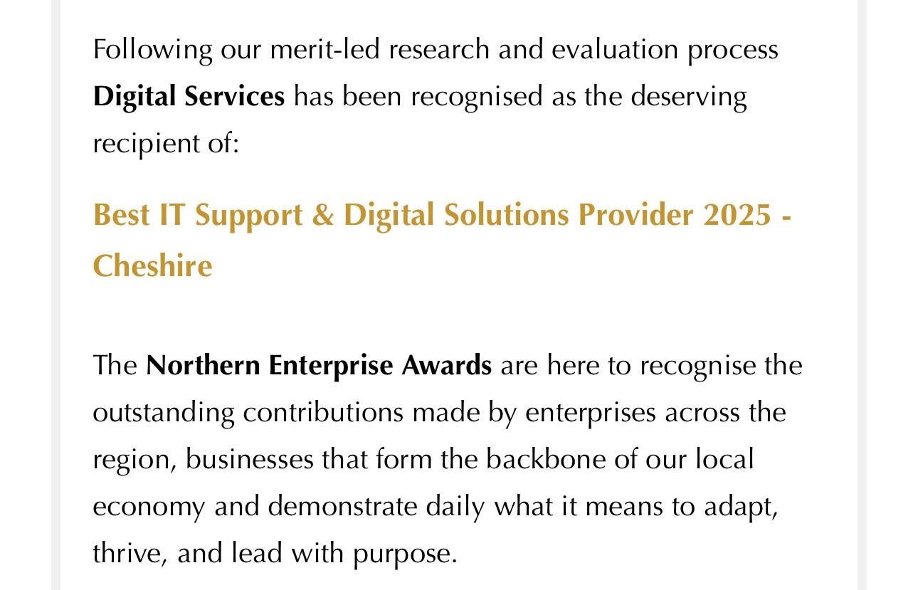 Digital Services named Best IT Support and Digital Solutions Provider 2025 in Cheshire
